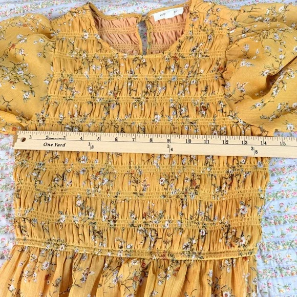 August Sky Mustard Yellow Floral Smocked Tiered Midi Dress Small Long Sleeve - Picture 11 of 13
